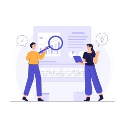 SEO 101, Illustration with two people standing in the middle of the screen. One holding a magnifier and second one holding a book.